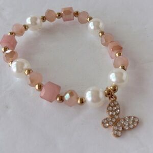 Handmade Pink and Faux Pearl beaded Bracelet Butterfly Charm